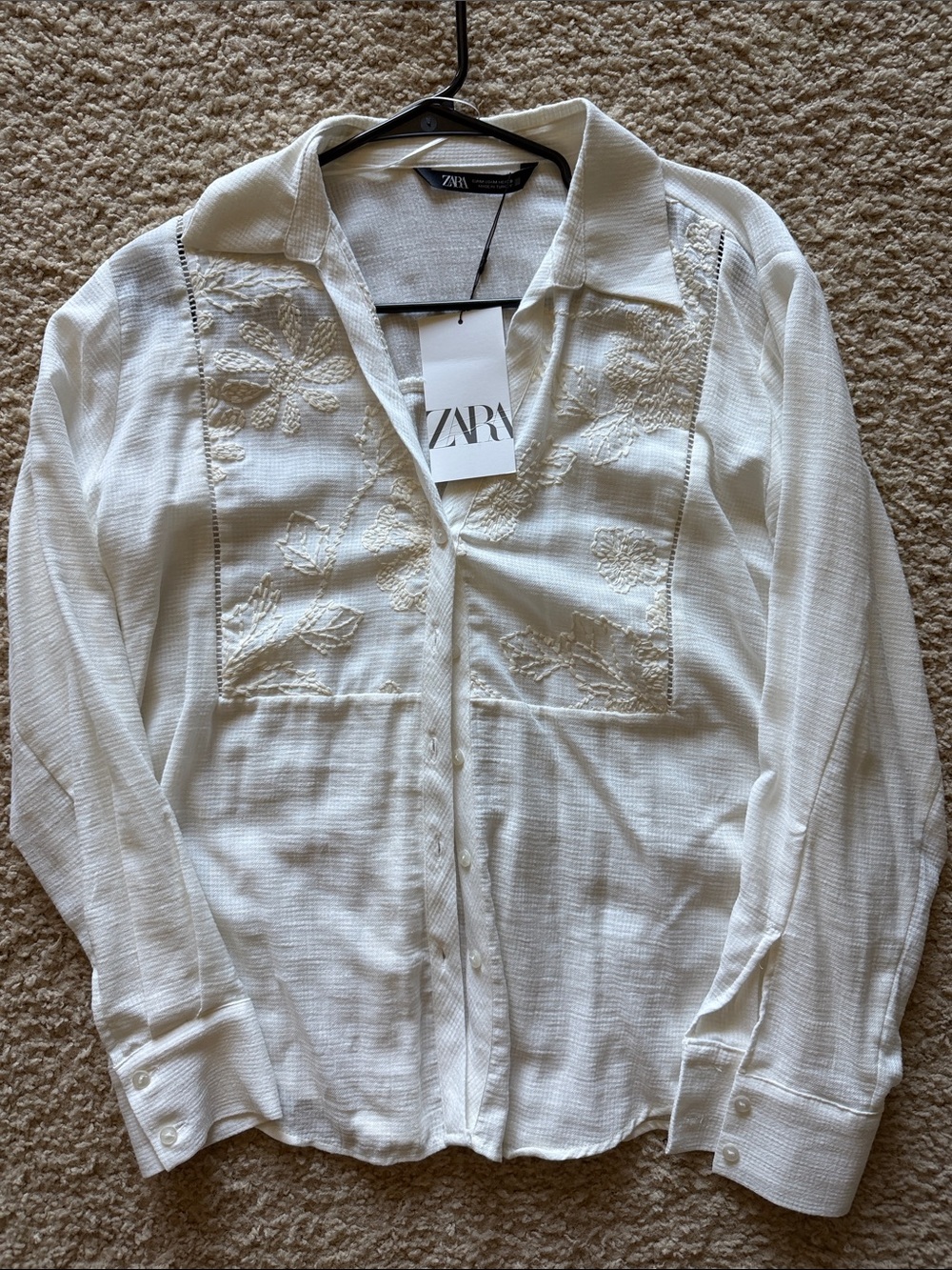 Zara Cream Embroidered Button-Down Shirt